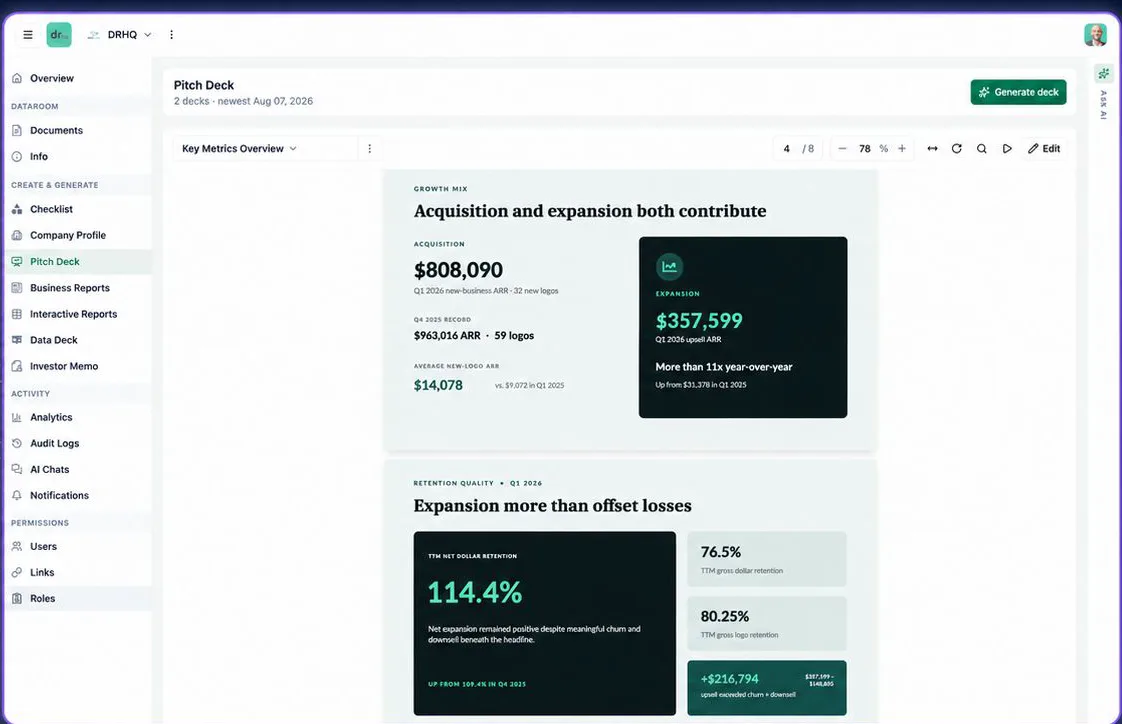 Generate Investor Materials — Pitch deck · slides built from the actual numbers, editable before you send