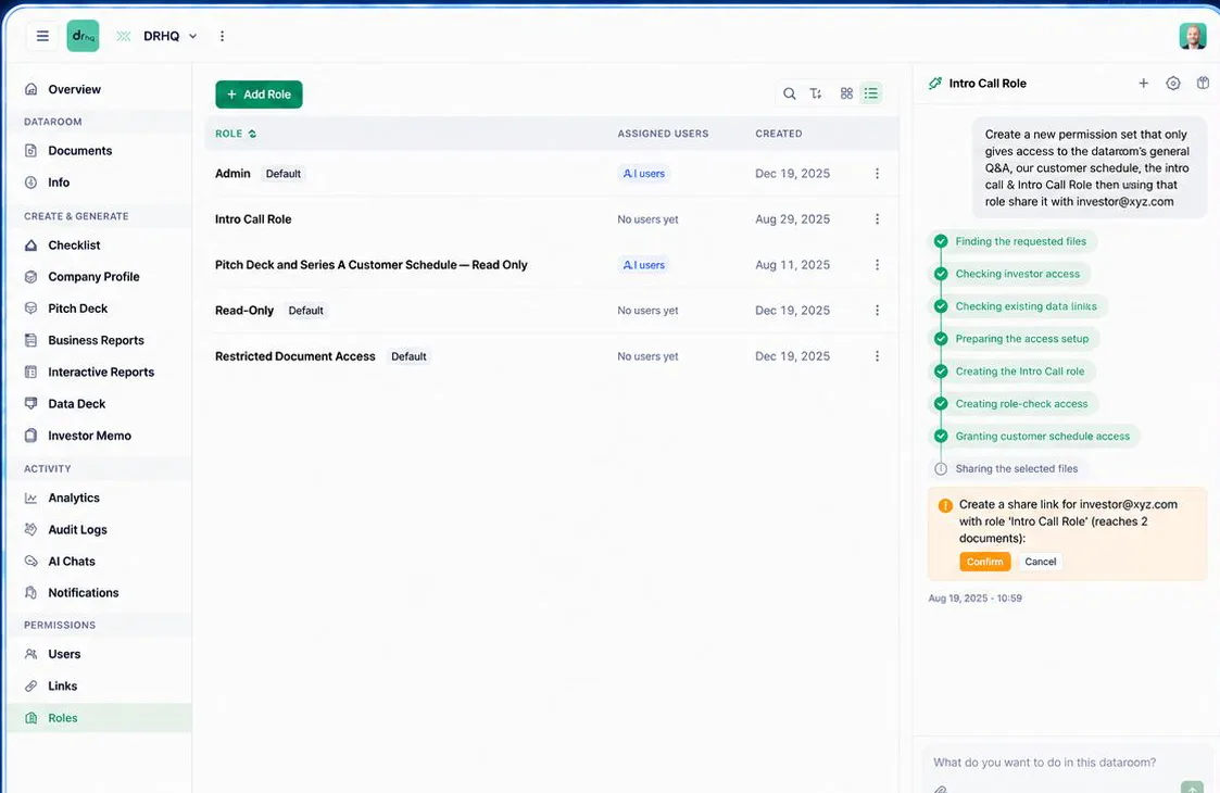 AI-Native Dataroom — Roles · a permission set built from one prompt, confirmed before it applies