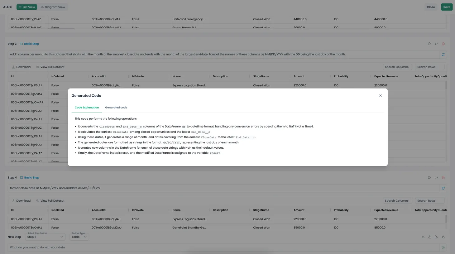 Data Foundation — AI4BI · step-by-step pipeline with generated code and explanation