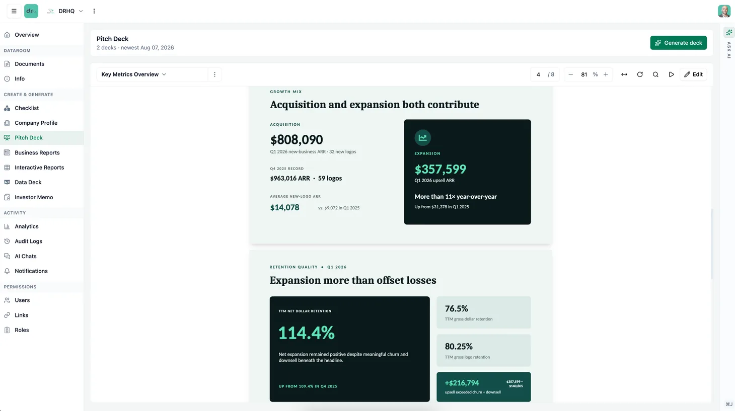 Investor Preparation — Pitch deck · slides built from the actual numbers, editable before you send