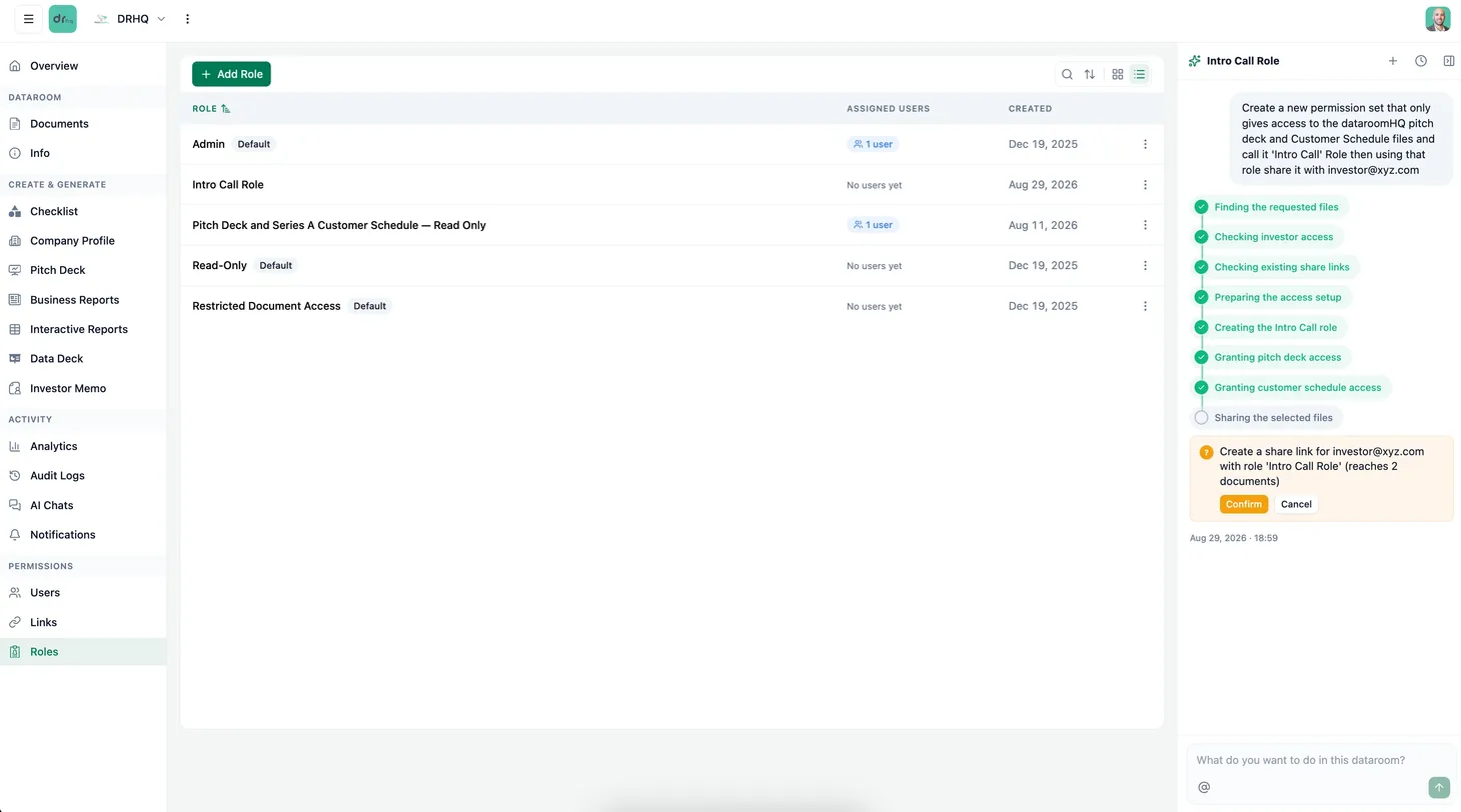 AI-Native Dataroom — Roles · a permission set built from one prompt, confirmed before it applies